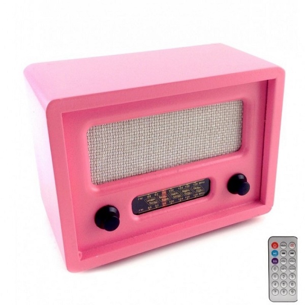 nostaljik usbli ahsap retro mini radyo pembe renk