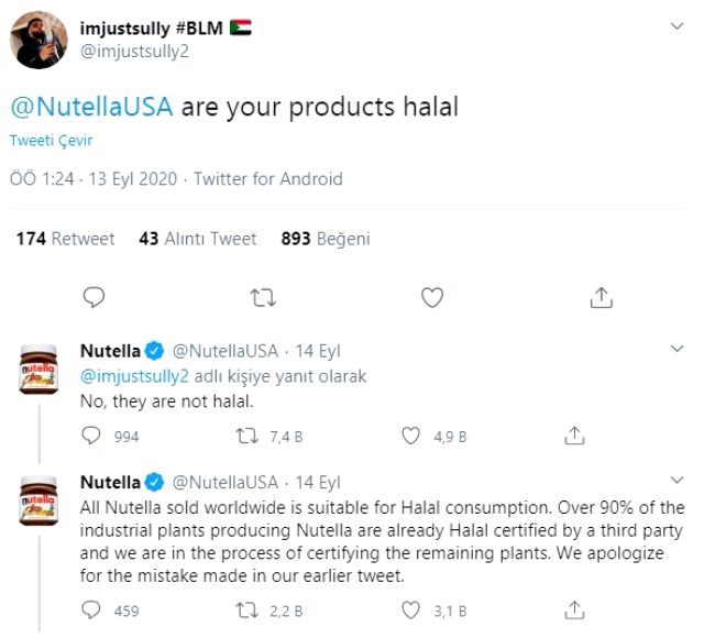 nutella no they are not halal ne demek