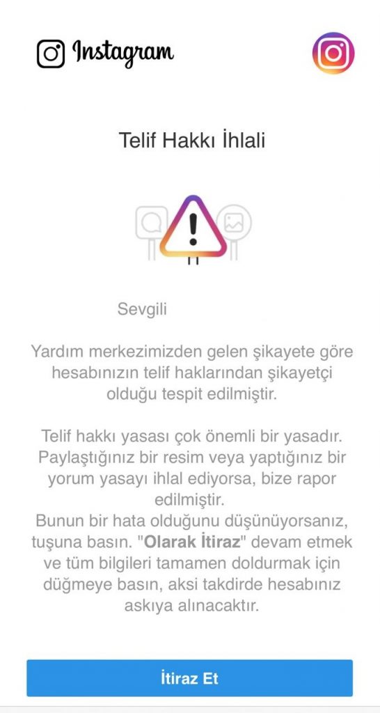 instagram telif hakki ihlali mailine dikkat